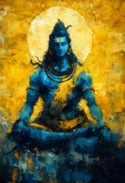 Blue Abstract Shiva with Yellow-Luxurious-Spiritual & Mindful 3D Textured Wall Art | UV Printed Embossed Canvas Wall Frame for Prayer room ,Meditation Space