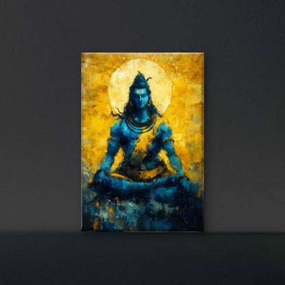 Blue Abstract Shiva with Yellow-Luxurious-Spiritual & Mindful 3D Textured Wall Art | UV Printed Embossed Canvas Wall Frame for Prayer room ,Meditation Space