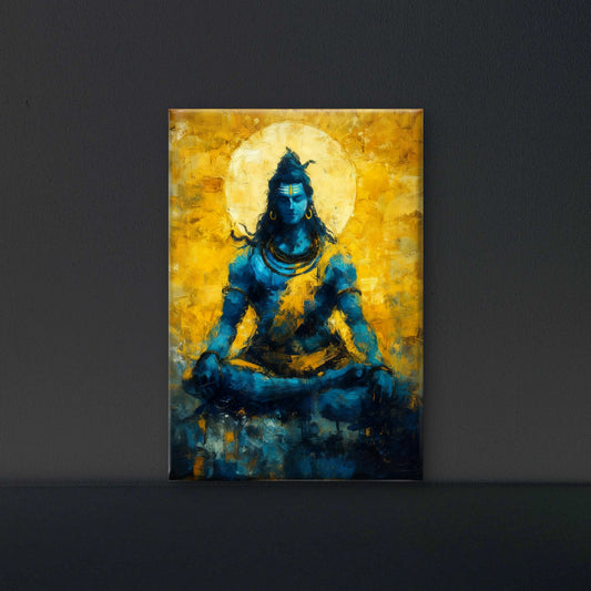 Blue Abstract Shiva with Yellow-Luxurious-Spiritual & Mindful 3D Textured Wall Art | UV Printed Embossed Canvas Wall Frame for Prayer room ,Meditation Space