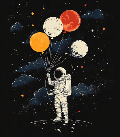 astronaut-with-balloons-sky-with-stars-moon-Premium-Cosmic & Fantasy-3D Textured Wall Art | UV Embossed Canvas Wall Frame for Kids room and living room