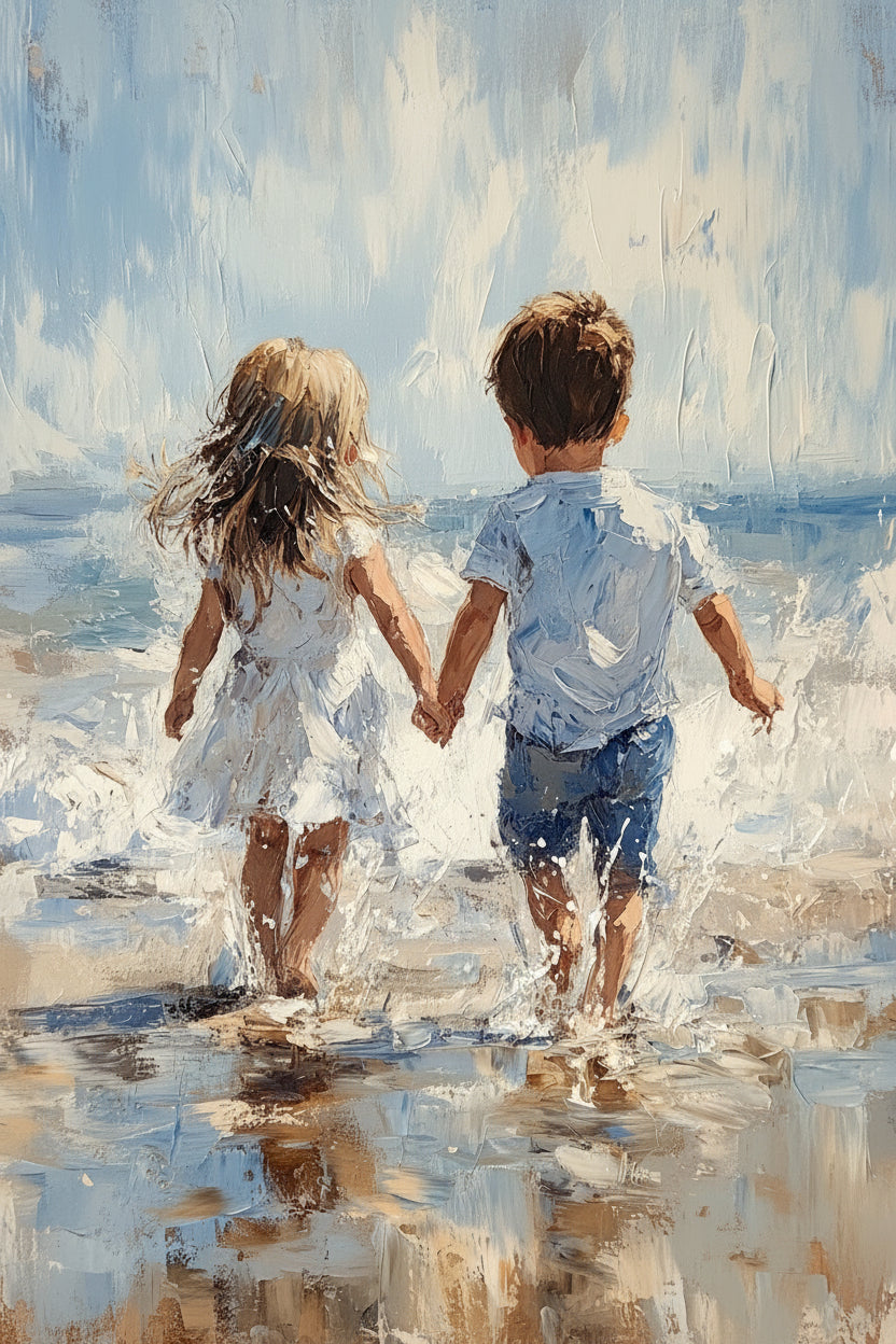 Coastal Children Walking-Premium-Kids & Whimsical-3D Textured Wall Art | UV Embossed Canvas Wall Frame for Kids room