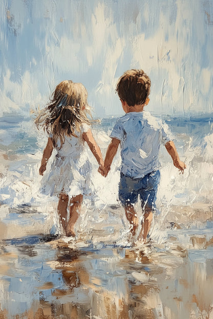 Coastal Children Walking-Premium-Kids & Whimsical-3D Textured Wall Art | UV Embossed Canvas Wall Frame for Kids room