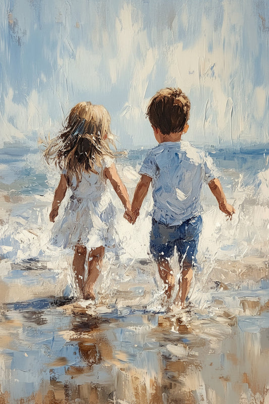 Coastal Children Walking-Premium-Kids & Whimsical-3D Textured Wall Art | UV Embossed Canvas Wall Frame for Kids room