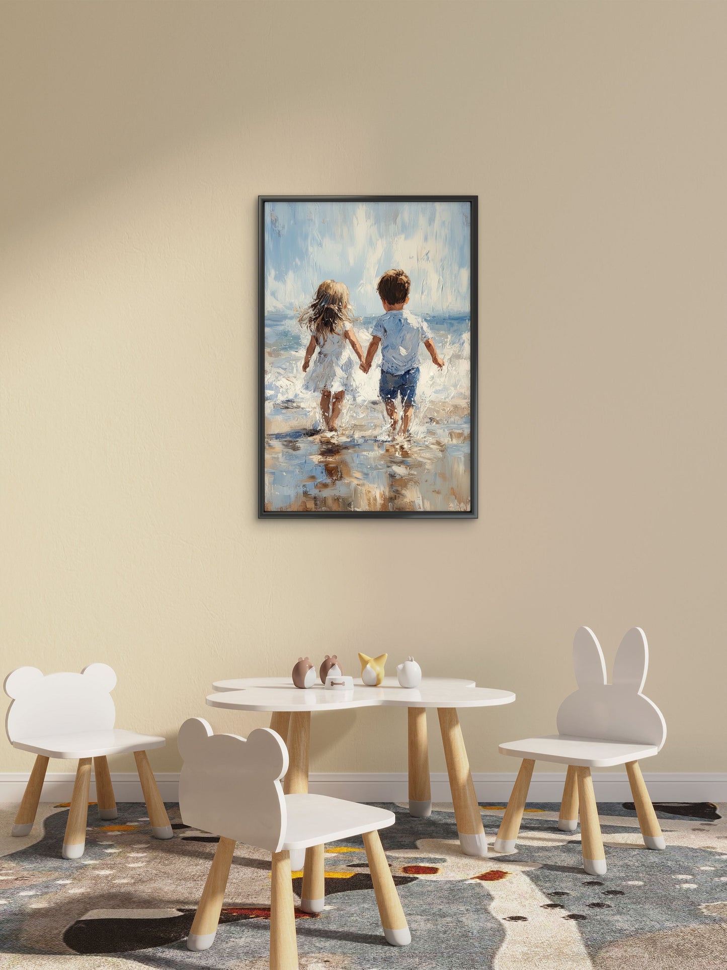 Coastal Children Walking-Premium-Kids & Whimsical-3D Textured Wall Art | UV Embossed Canvas Wall Frame for Kids room