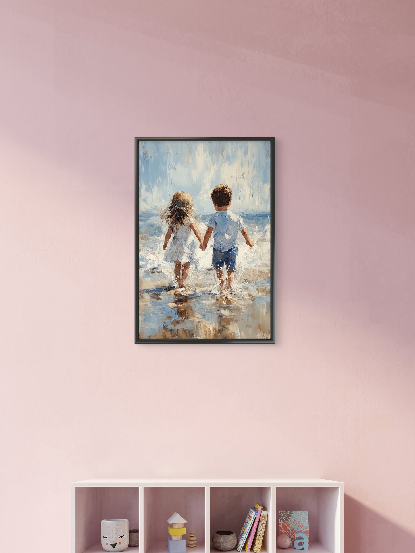Coastal Children Walking-Premium-Kids & Whimsical-3D Textured Wall Art | UV Embossed Canvas Wall Frame for Kids room