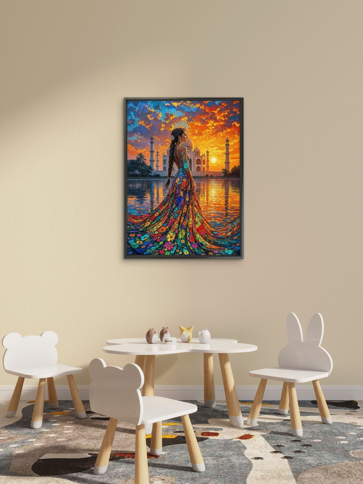 The Floral Gown at the Taj-Luxury-Kids & Whimsical-3D Textured Wall Art | UV Embossed Canvas Wall Frame for Kids room