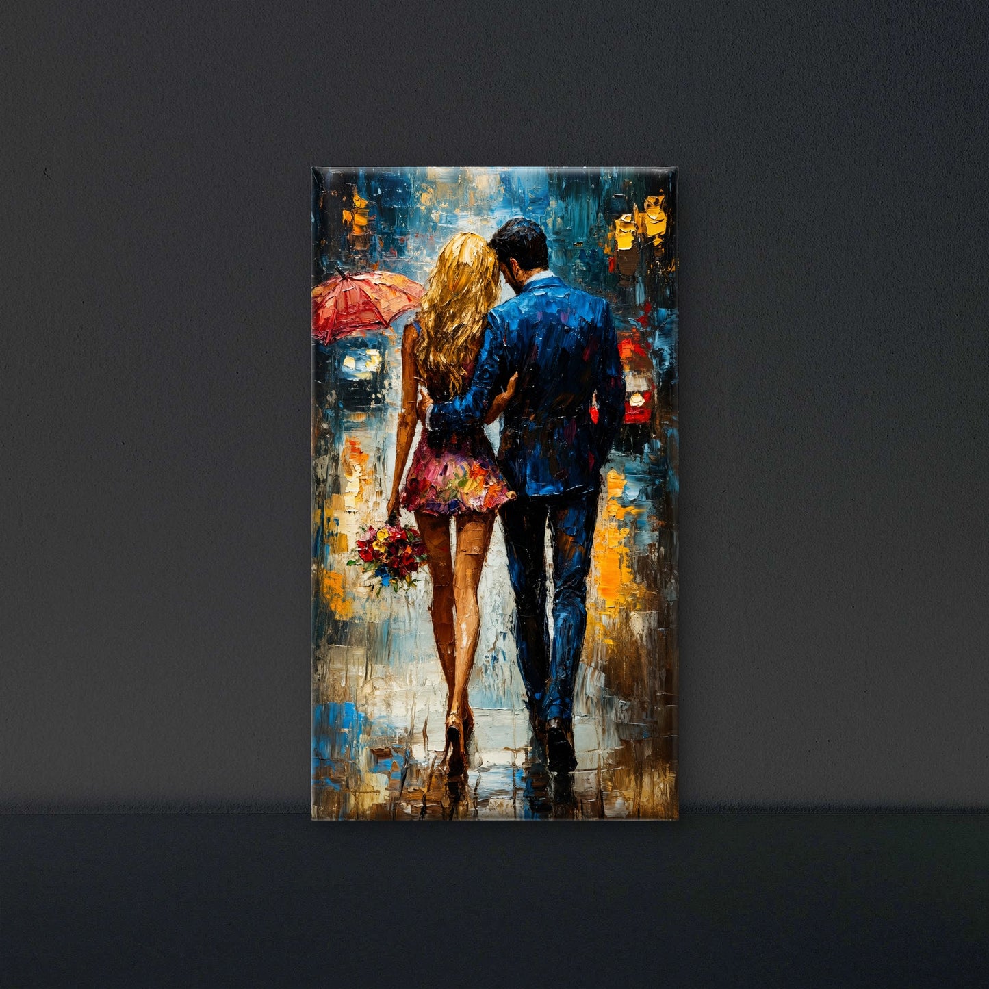 Couple_umbrella_rainy_city_street Luxurious-Love & Togetherness -3D Textured Wall Art | UV Embossed Canvas Wall Frame for Home decor