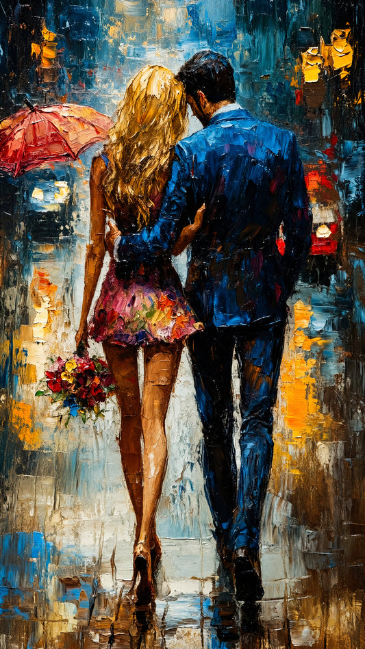 Couple_umbrella_rainy_city_street Luxurious-Love & Togetherness -3D Textured Wall Art | UV Embossed Canvas Wall Frame for Home decor