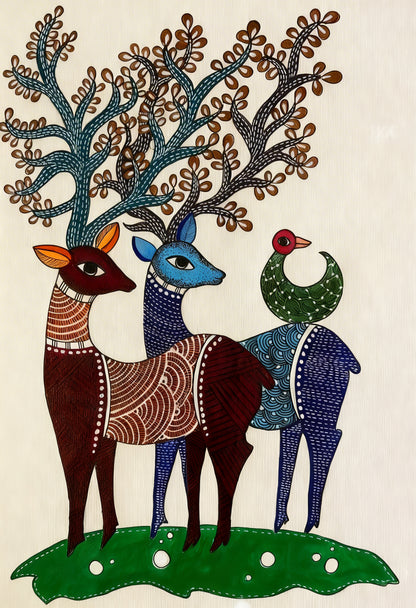 Deer Family with Birds-Luxurious-Indian Culture &  Folk Art 3D Textured Wall Art | UV Printed Embossed Canvas Wall Frame for Home Decor,living Room
