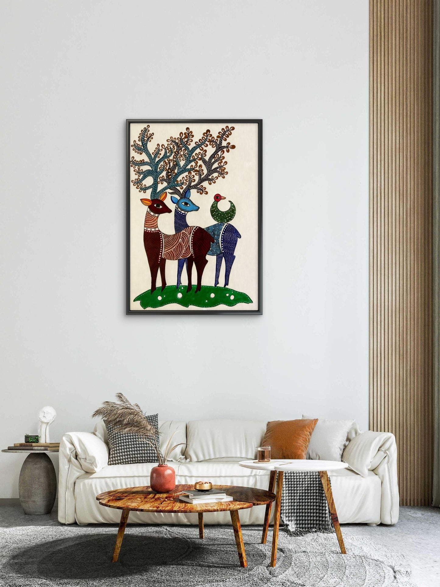 Deer Family with Birds-Luxurious-Indian Culture &  Folk Art 3D Textured Wall Art | UV Printed Embossed Canvas Wall Frame for Home Decor,living Room