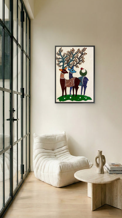 Deer Family with Birds-Luxurious-Indian Culture &  Folk Art 3D Textured Wall Art | UV Printed Embossed Canvas Wall Frame for Home Decor,living Room