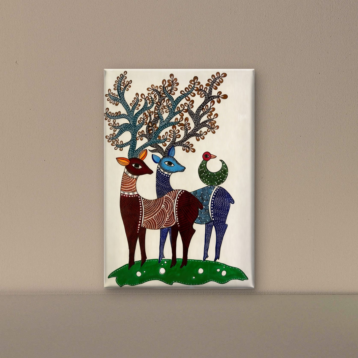 Deer Family with Birds-Luxurious-Indian Culture &  Folk Art 3D Textured Wall Art | UV Printed Embossed Canvas Wall Frame for Home Decor,living Room
