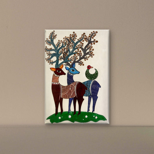 Deer Family with Birds-Luxurious-Indian Culture &  Folk Art 3D Textured Wall Art | UV Printed Embossed Canvas Wall Frame for Home Decor,living Room