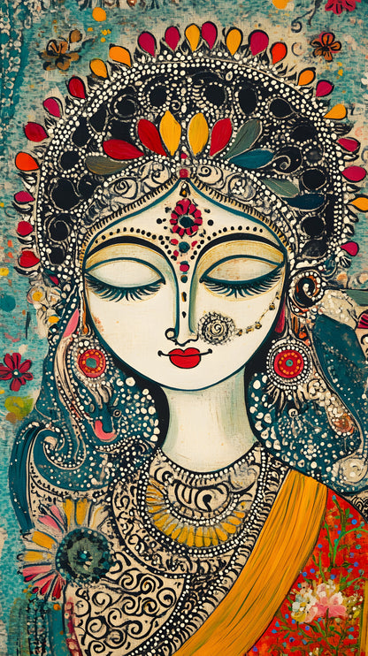 woman-with-eyes-closed-Luxurious-Indian Culture &  Folk Art 3D Textured Wall Art | UV Printed Embossed Canvas Wall Frame for Home Decor,living Room