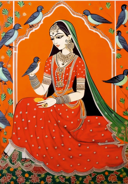 traditional-indian-miniature-of-a-seated-woman-Luxurious-Indian Culture &  Folk Art 3D Textured Wall Art | UV Printed Embossed Canvas Wall Frame for Home Decor,living Room