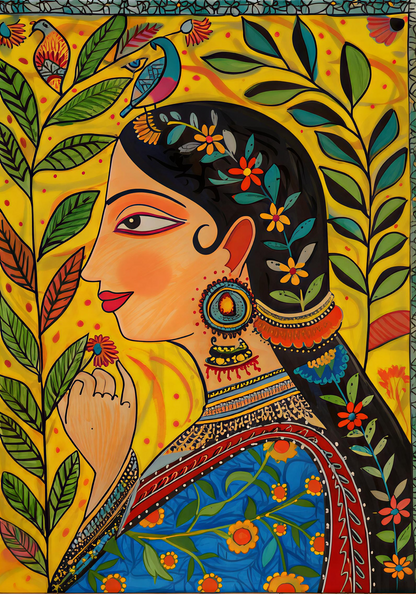 Women kalamkari Art-Luxurious-Indian Culture &  Folk Art 3D Textured Wall Art | UV Printed Embossed Canvas Wall Frame for Home Decor,living Room
