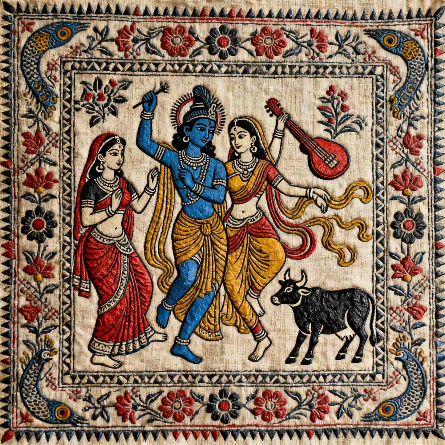 kalamkari-Radha krishn-Luxurious-Indian Culture &  Folk Art 3D Textured Wall Art | UV Printed Embossed Canvas Wall Frame for Home Decor,living Room