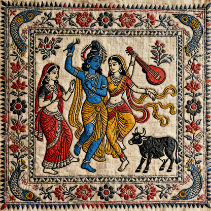 kalamkari-Radha krishn-Luxurious-Indian Culture &  Folk Art 3D Textured Wall Art | UV Printed Embossed Canvas Wall Frame for Home Decor,living Room