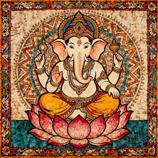 lord-ganesha-seated-on-lotus-kalamkari-Luxurious-Indian Culture &  Folk Art 3D Textured Wall Art | UV Printed Embossed Canvas Wall Frame for Home Decor,living Room