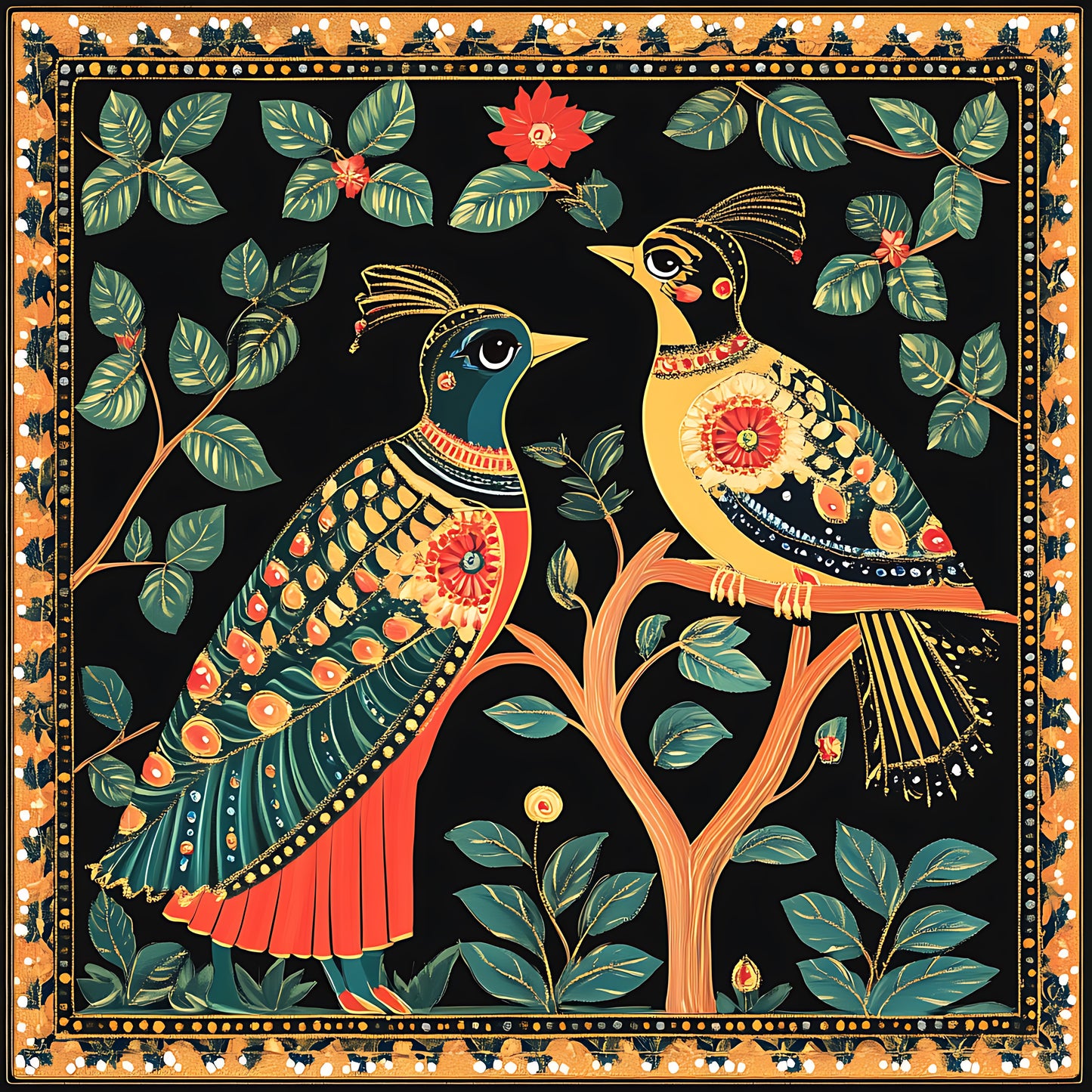 colorful-birds-traditional-folk-art-Luxurious-Indian Culture &  Folk Art 3D Textured Wall Art | UV Printed Embossed Canvas Wall Frame for Home Decor,living Room