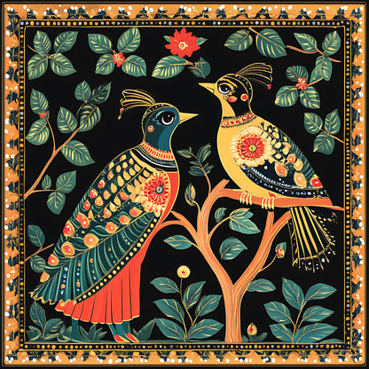 colorful-birds-traditional-folk-art-Luxurious-Indian Culture &  Folk Art 3D Textured Wall Art | UV Printed Embossed Canvas Wall Frame for Home Decor,living Room