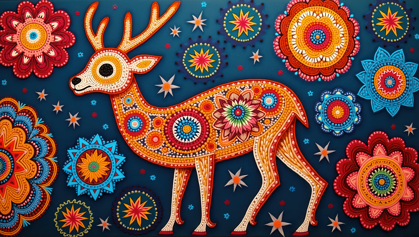 colorful-deer-illustration-with-floral-Luxurious-Indian Culture &  Folk Art 3D Textured Wall Art | UV Printed Embossed Canvas Wall Frame for Home Decor,living Room
