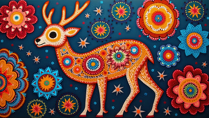 colorful-deer-illustration-with-floral-Luxurious-Indian Culture &  Folk Art 3D Textured Wall Art | UV Printed Embossed Canvas Wall Frame for Home Decor,living Room