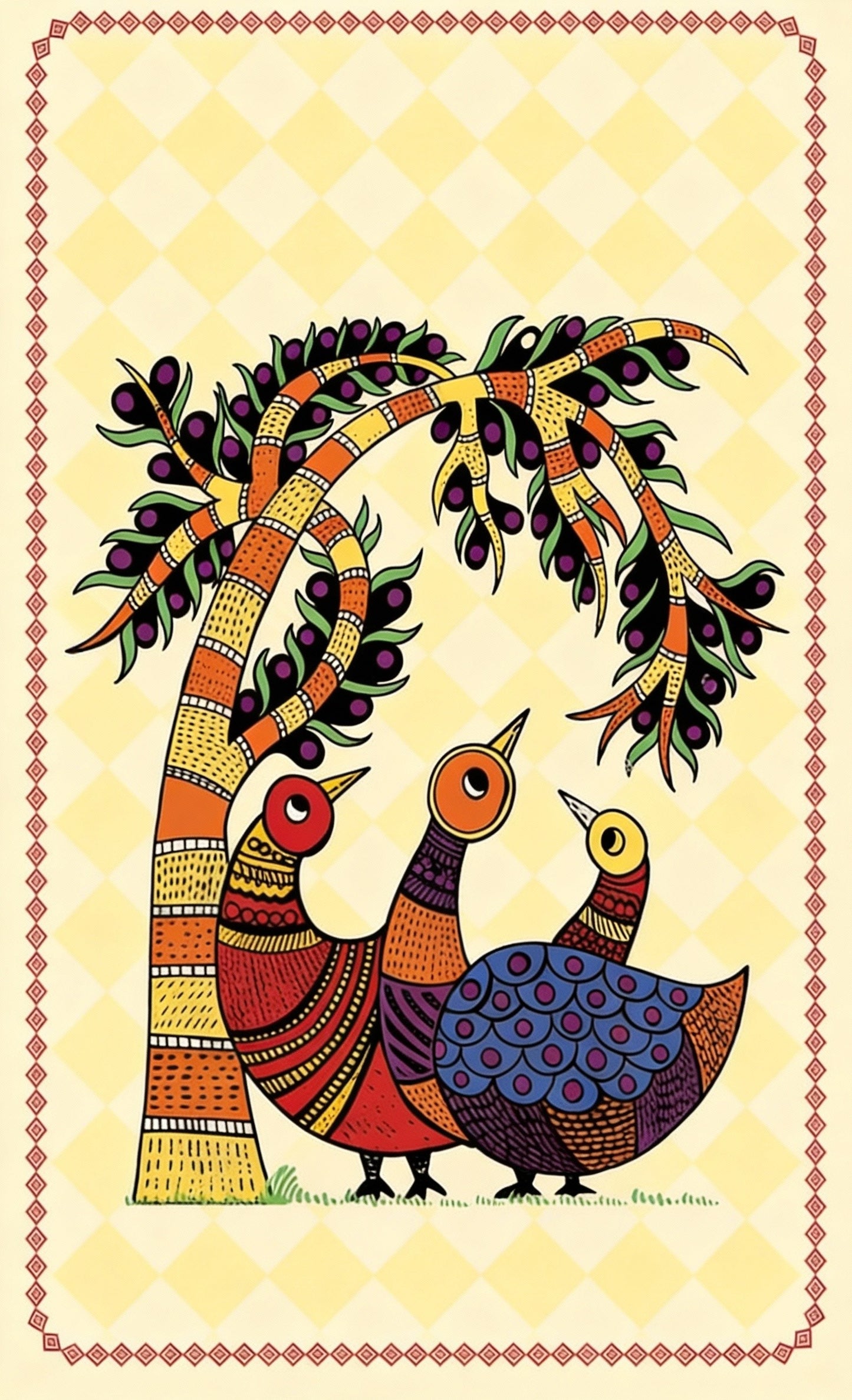 three-intricately-patterned-birds-gathered-Luxurious-Indian Culture &  Folk Art 3D Textured Wall Art | UV Printed Embossed Canvas Wall Frame for Home Decor,living Room
