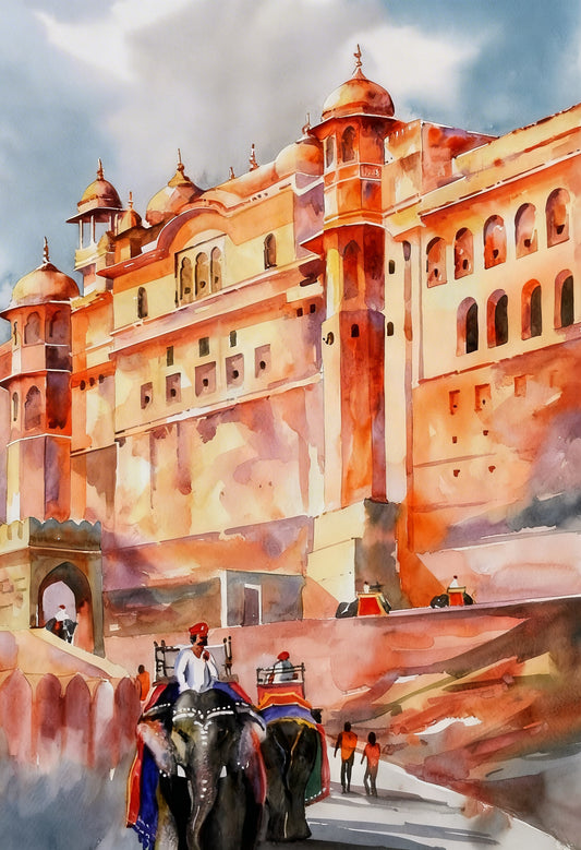 Elephant Ride at Amber Fort-Luxurious-Indian Culture &  Folk Art 3D Textured Wall Art | UV Printed Embossed Canvas Wall Frame for Home Decor,living Room