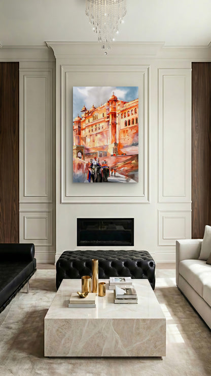 Elephant Ride at Amber Fort-Luxurious-Indian Culture &  Folk Art 3D Textured Wall Art | UV Printed Embossed Canvas Wall Frame for Home Decor,living Room