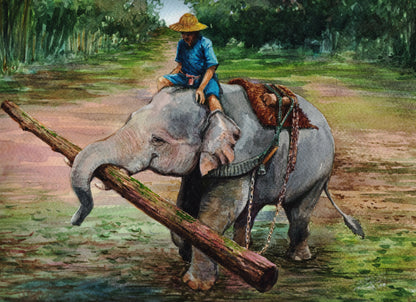 Elephant driver elephants feed people-Luxurious-Wildlife & Animals-3D Textured Wall Art | UV Embossed Canvas Wall Frame for Home decor