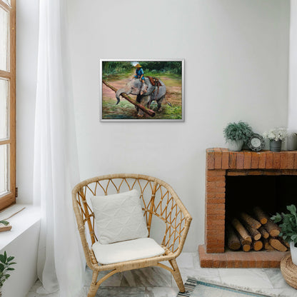 Elephant driver elephants feed people-Luxurious-Wildlife & Animals-3D Textured Wall Art | UV Embossed Canvas Wall Frame for Home decor