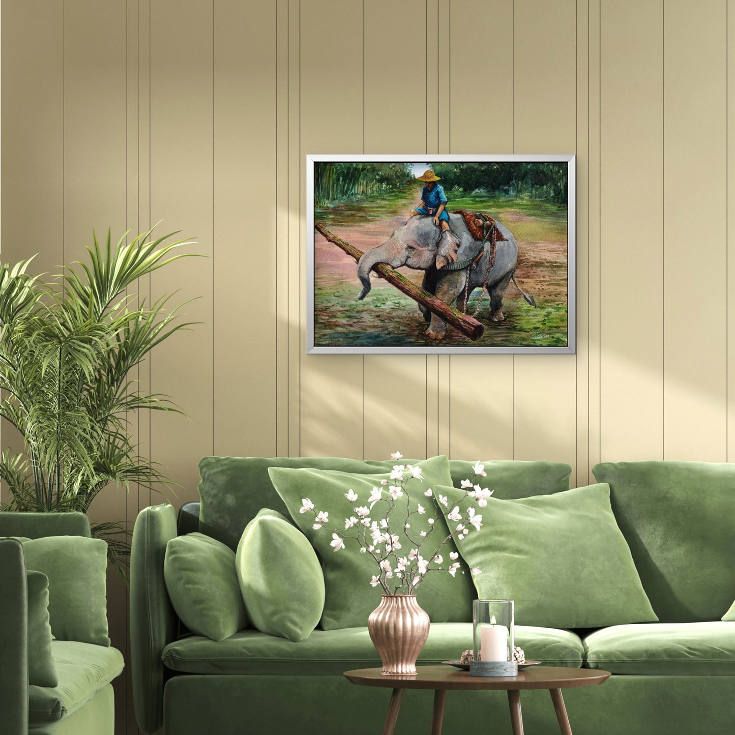 Elephant driver elephants feed people-Luxurious-Wildlife & Animals-3D Textured Wall Art | UV Embossed Canvas Wall Frame for Home decor