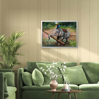 Elephant driver elephants feed people-Luxurious-Wildlife & Animals-3D Textured Wall Art | UV Embossed Canvas Wall Frame for Home decor