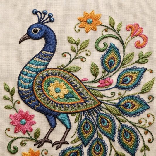 Embroidery peacock-Luxurious-Indian Culture &  Folk Art 3D Textured Wall Art | UV Printed Embossed Canvas Wall Frame for Home Decor,living Room