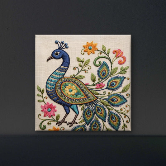 Embroidery peacock-Luxurious-Indian Culture &  Folk Art 3D Textured Wall Art | UV Printed Embossed Canvas Wall Frame for Home Decor,living Room