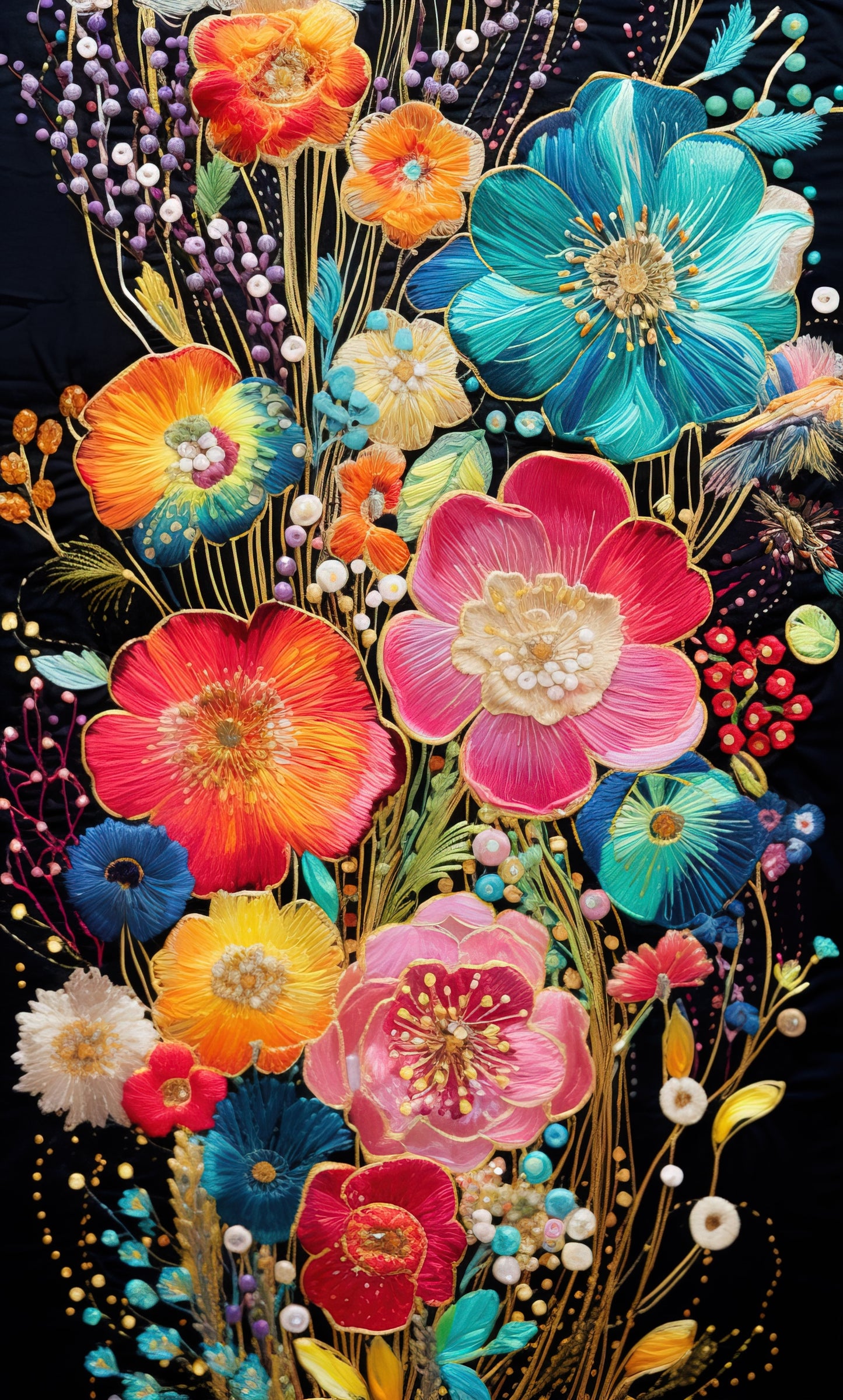 Embroidery textured spring flowers Elegent-Floral & Botanical-3D Textured Wall Art | UV Embossed Canvas Wall Frame for home decor and bed room