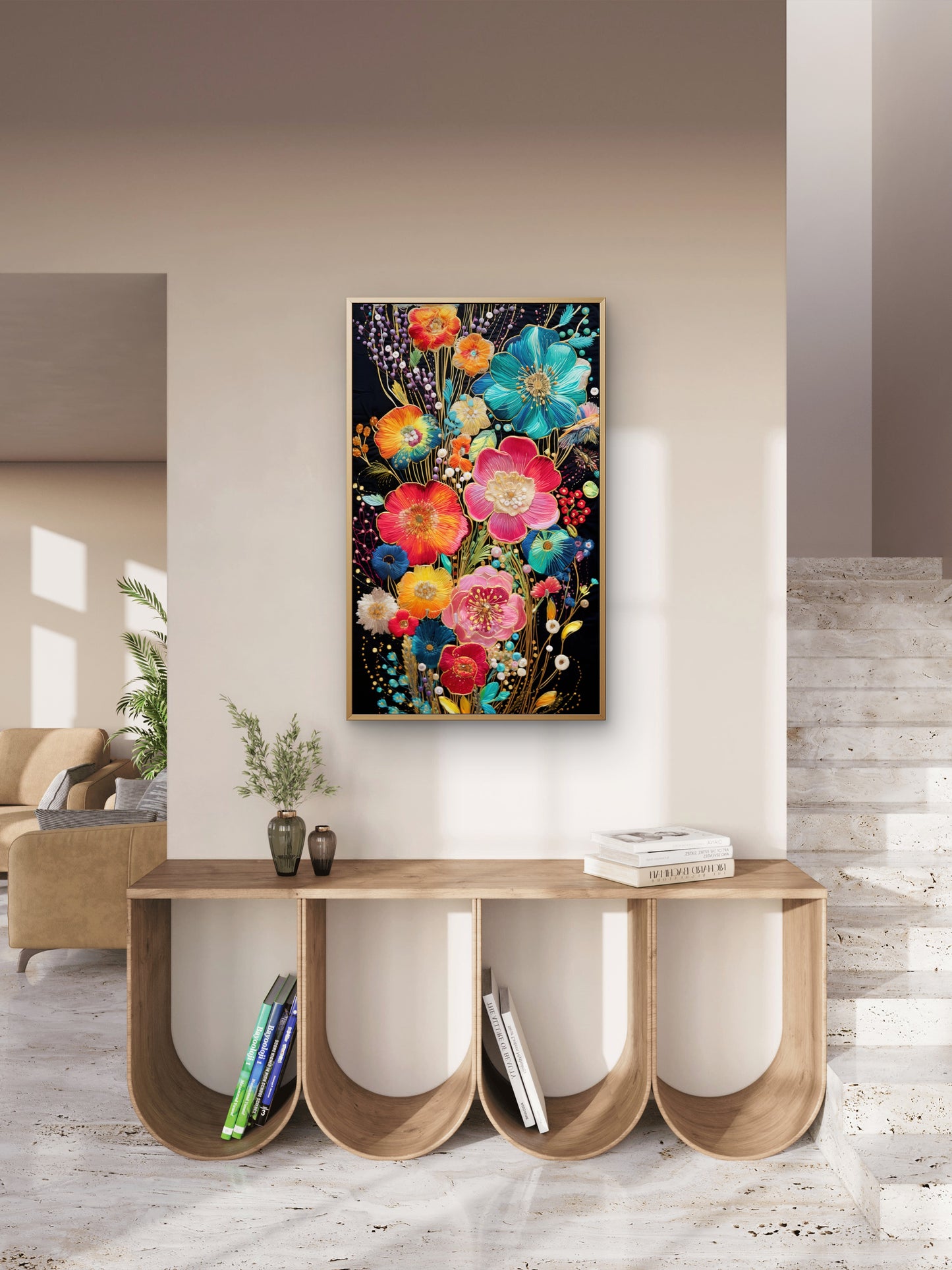 Embroidery textured spring flowers Elegent-Floral & Botanical-3D Textured Wall Art | UV Embossed Canvas Wall Frame for home decor and bed room