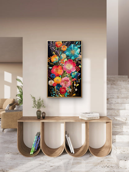 Embroidery textured spring flowers Elegent-Floral & Botanical-3D Textured Wall Art | UV Embossed Canvas Wall Frame for home decor and bed room