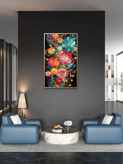 Embroidery textured spring flowers Elegent-Floral & Botanical-3D Textured Wall Art | UV Embossed Canvas Wall Frame for home decor and bed room