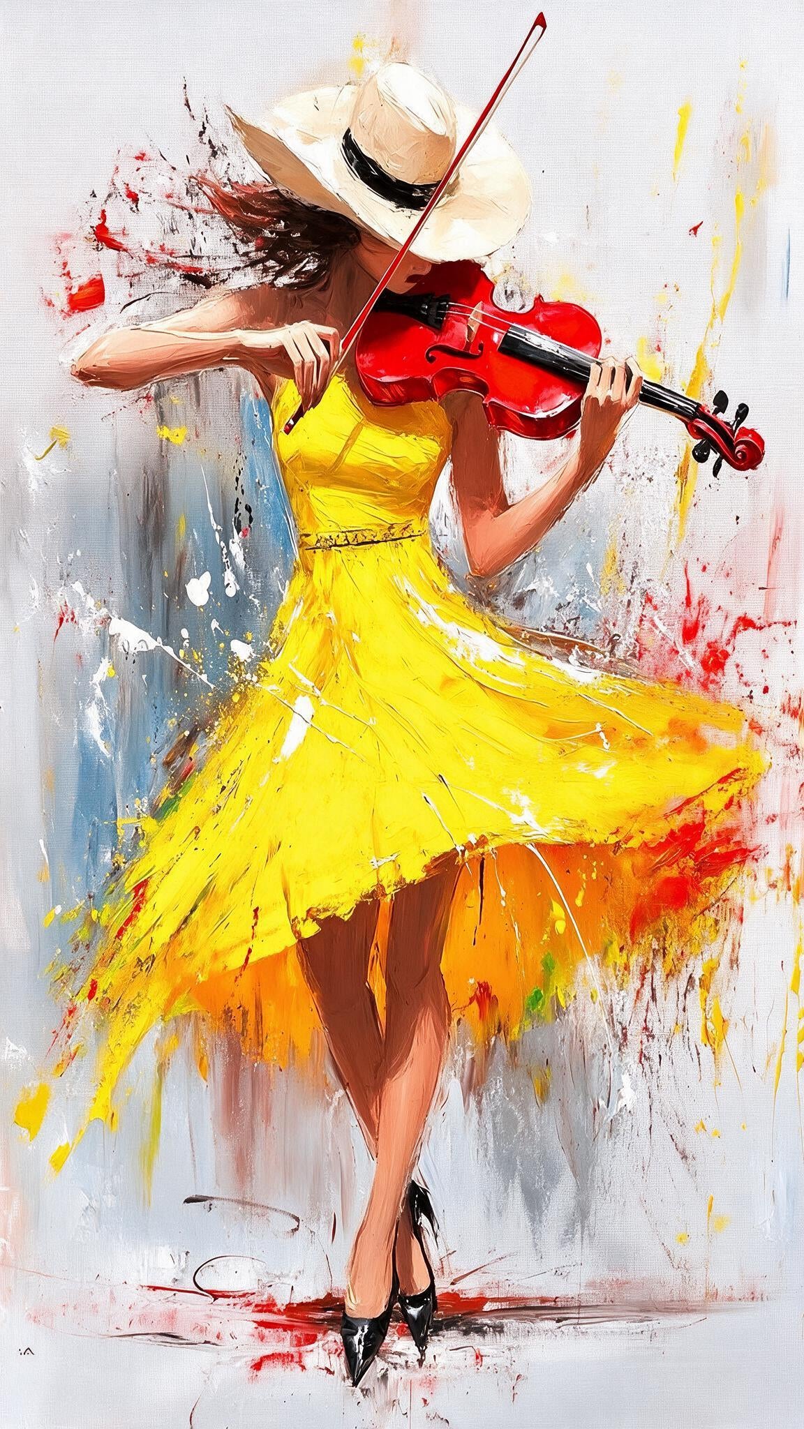 Expressive Woman Playing Red Violin Luxurious-Lifestyle & Hobbies-3D Textured Wall Art | UV Embossed Canvas Wall Frame for Home decor and living room