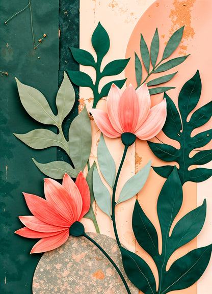 Flower in shades of pink and green leaves on a pastel background-Premium-Floral & Botanical-3D Textured Wall Art | UV Embossed Canvas Wall Frame for home decor and bed room