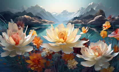 Serene-mountain-lake-landscape-with-vibrant-floral-Premium-Floral & Botanical-3D Textured Wall Art | UV Embossed Canvas Wall Frame for Living room and bed room