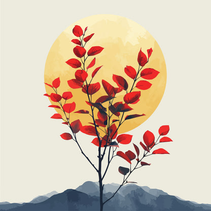 Tree-with-red-leaves-moon-Luxury-Nature & Landscape-3D Textured Wall Art | UV Embossed Canvas Wall Frame for home decor and bed room