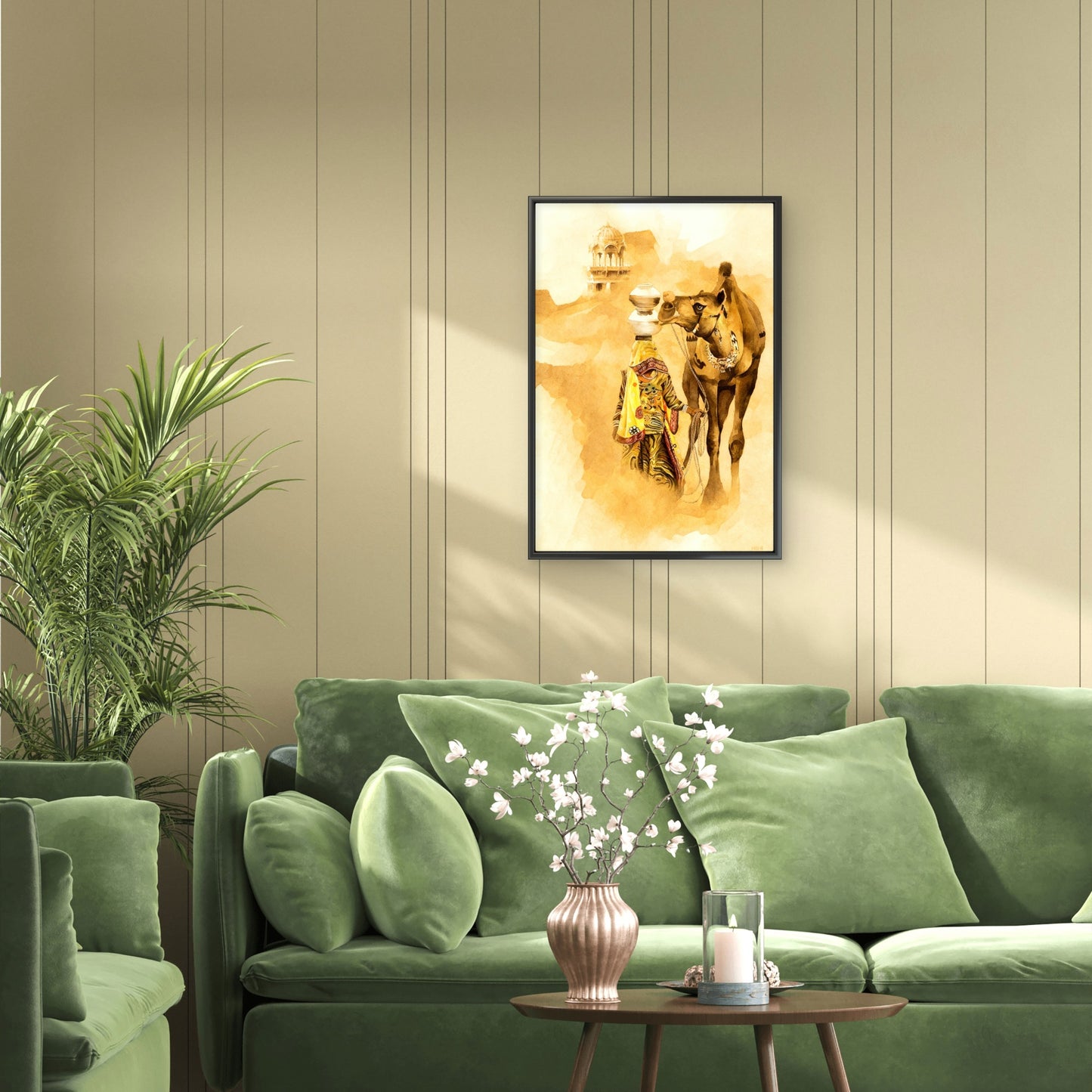 Female taking water from desert with Camel-Luxurious-Indian Culture &  Folk Art 3D Textured Wall Art | UV Printed Embossed Canvas Wall Frame for Home Decor,living Room