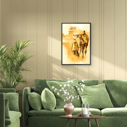 Female taking water from desert with Camel-Luxurious-Indian Culture &  Folk Art 3D Textured Wall Art | UV Printed Embossed Canvas Wall Frame for Home Decor,living Room