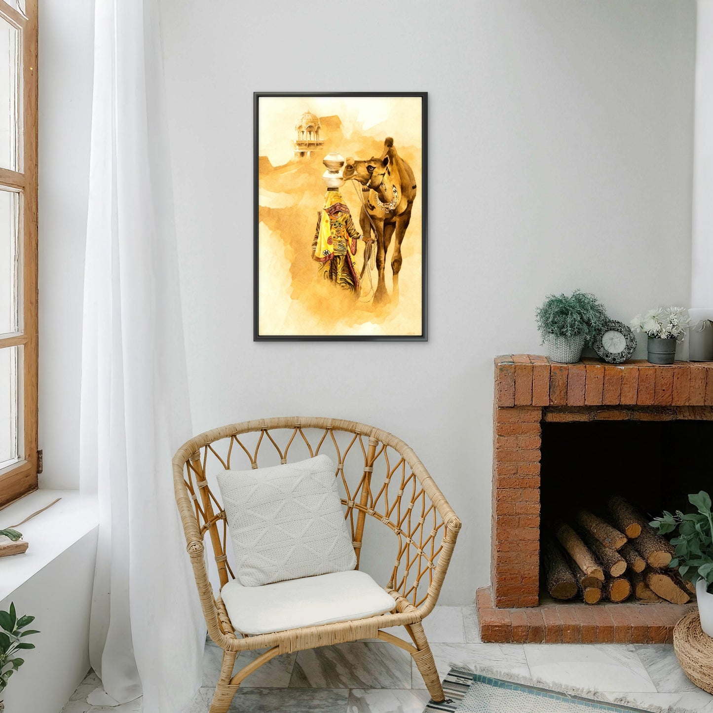 Female taking water from desert with Camel-Luxurious-Indian Culture &  Folk Art 3D Textured Wall Art | UV Printed Embossed Canvas Wall Frame for Home Decor,living Room