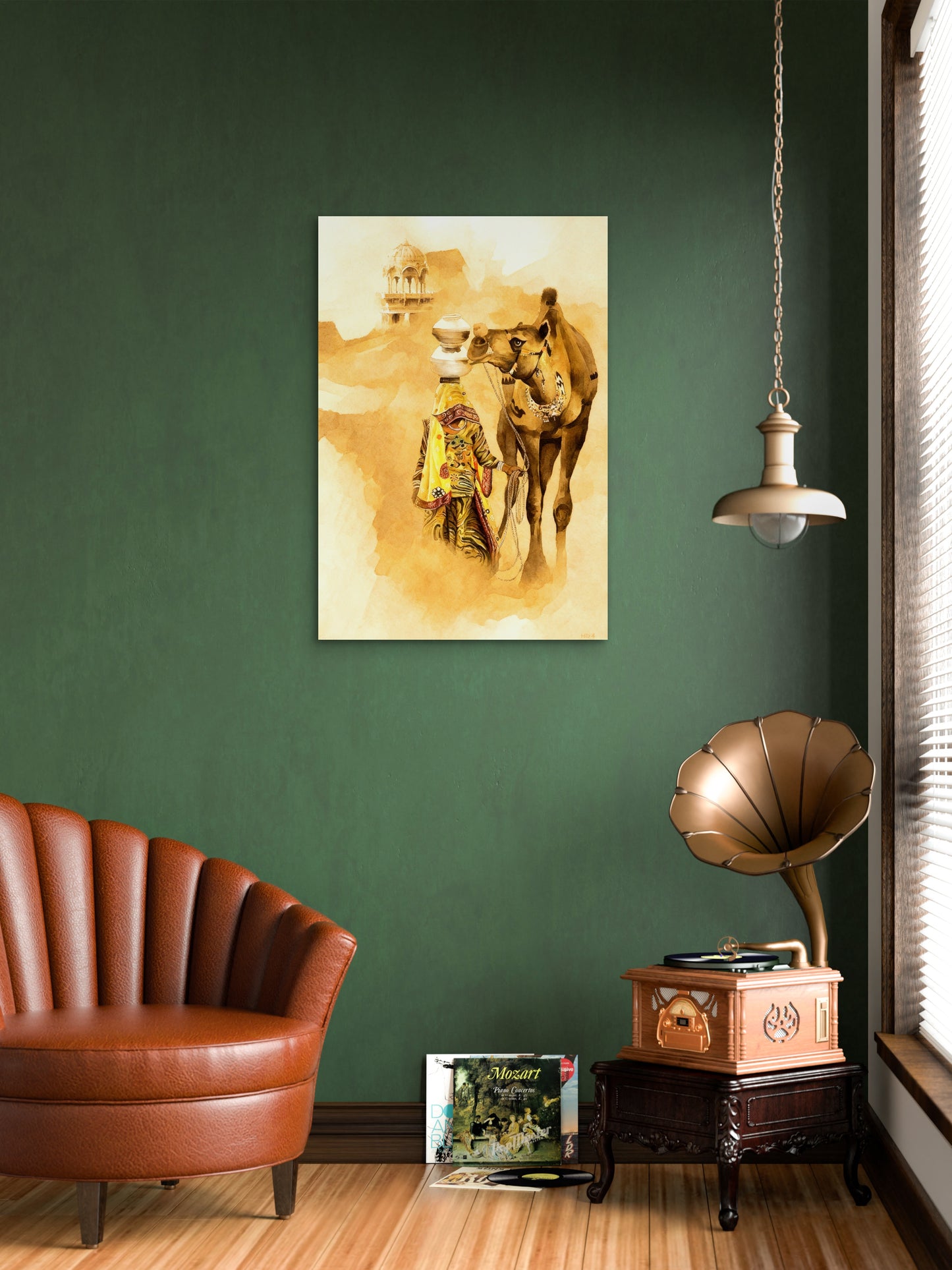 Female taking water from desert with Camel-Luxurious-Indian Culture &  Folk Art 3D Textured Wall Art | UV Printed Embossed Canvas Wall Frame for Home Decor,living Room