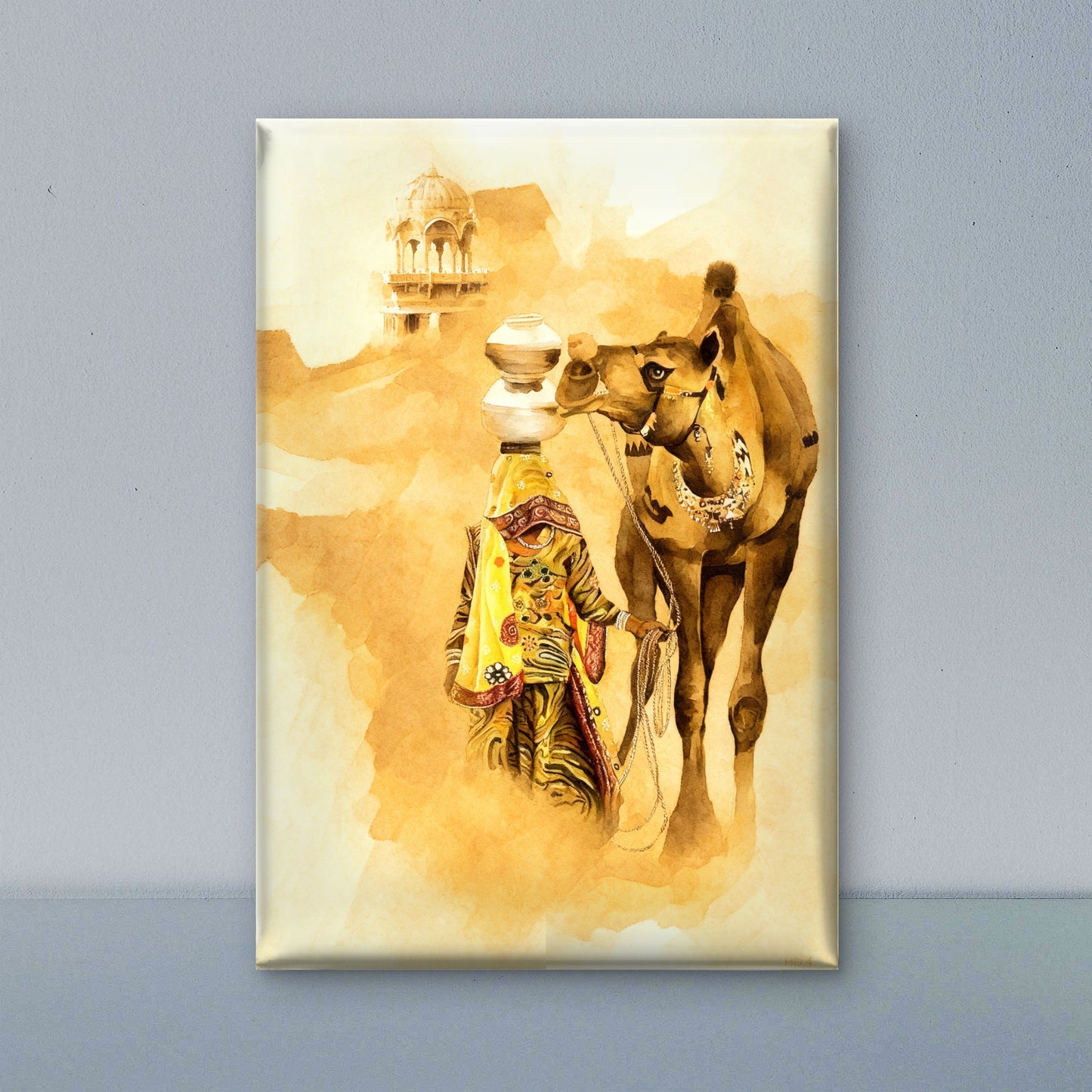Female taking water from desert with Camel-Luxurious-Indian Culture &  Folk Art 3D Textured Wall Art | UV Printed Embossed Canvas Wall Frame for Home Decor,living Room