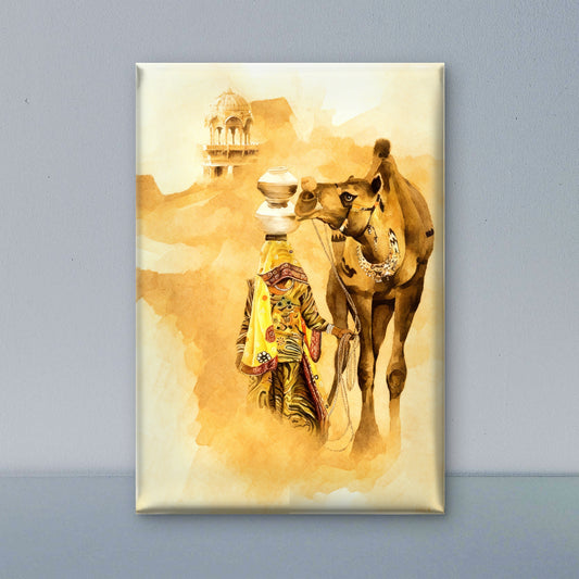 Female taking water from desert with Camel-Luxurious-Indian Culture &  Folk Art 3D Textured Wall Art | UV Printed Embossed Canvas Wall Frame for Home Decor,living Room